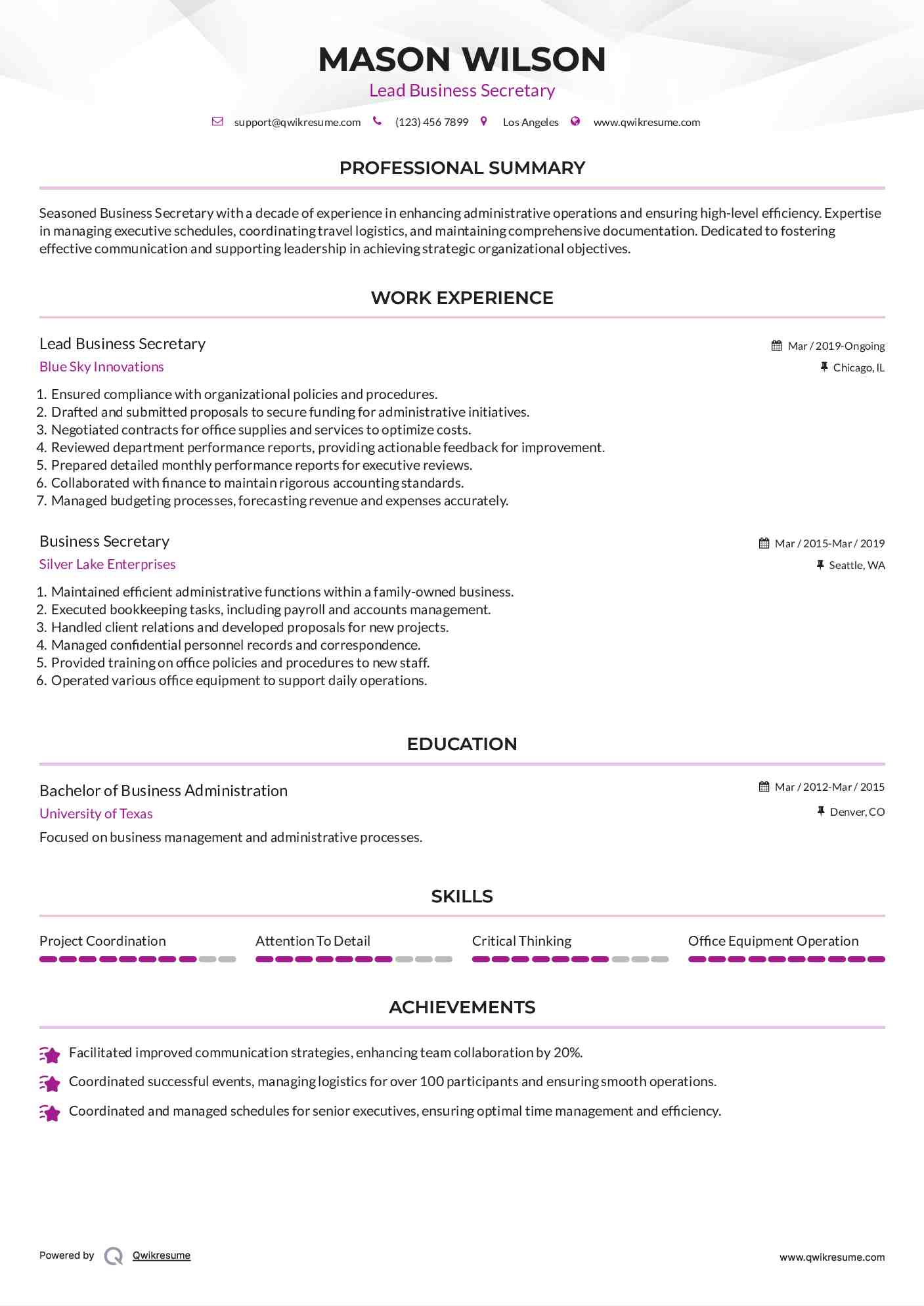 Lead Business Secretary Resume Template