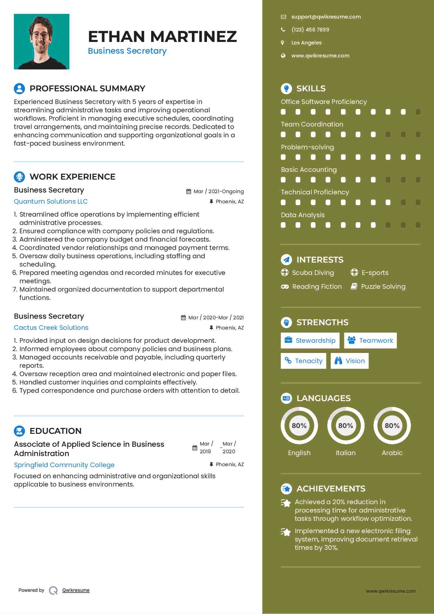 Business Secretary Resume Sample