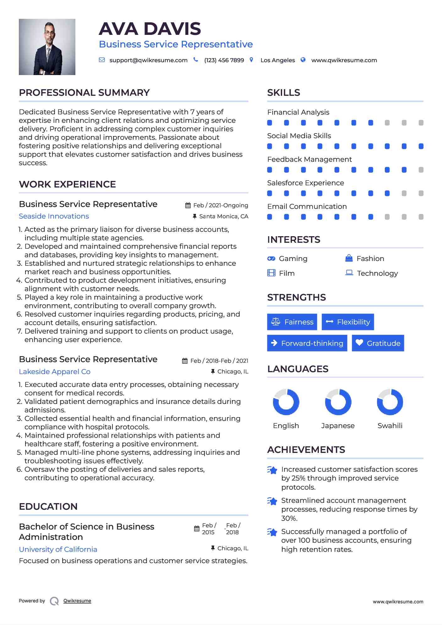 Business Service Representative Resume Samples QwikResume