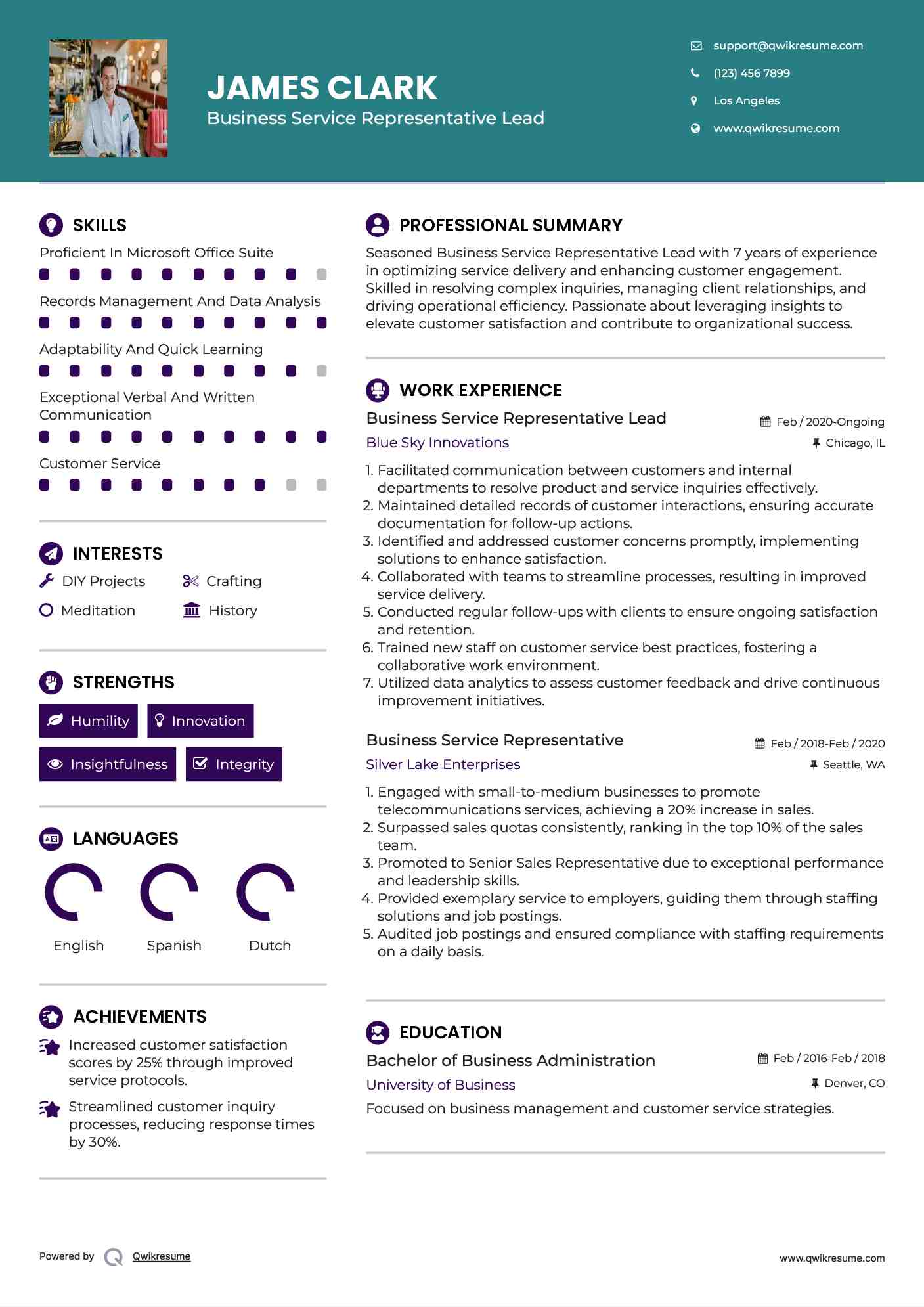 Business Service Representative Lead Resume Example
