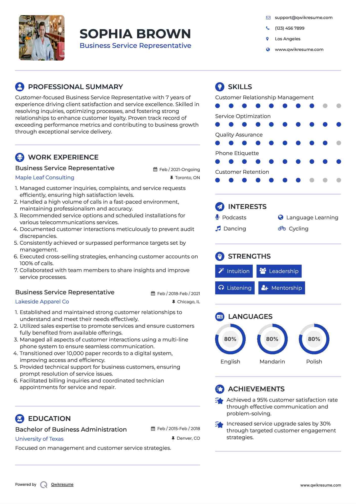 Business Service Representative Resume Example