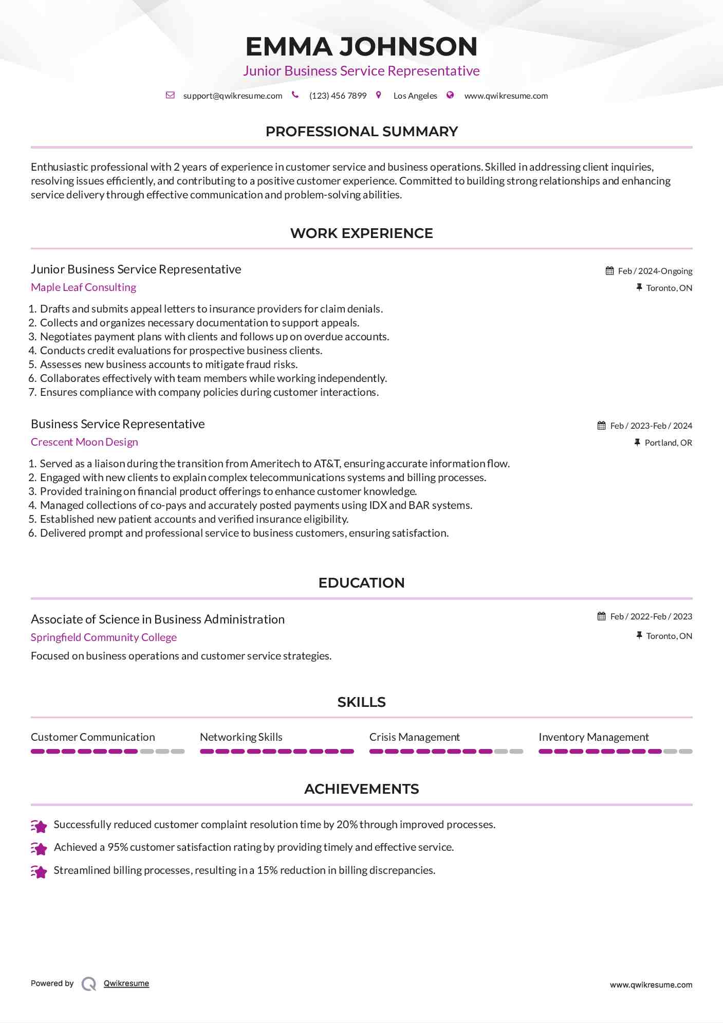 Junior Business Service Representative Resume Sample