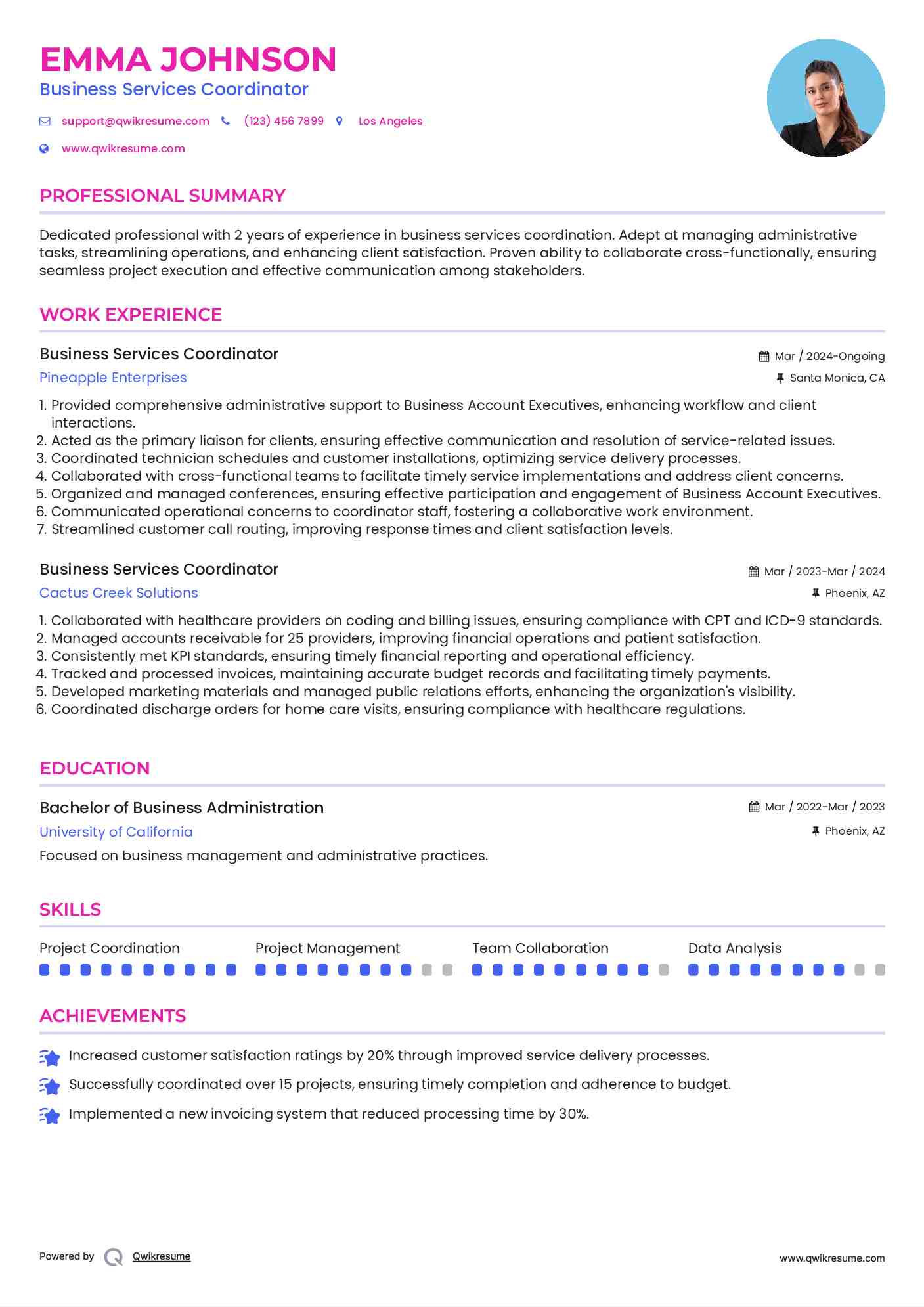 Business Services Coordinator Resume Model