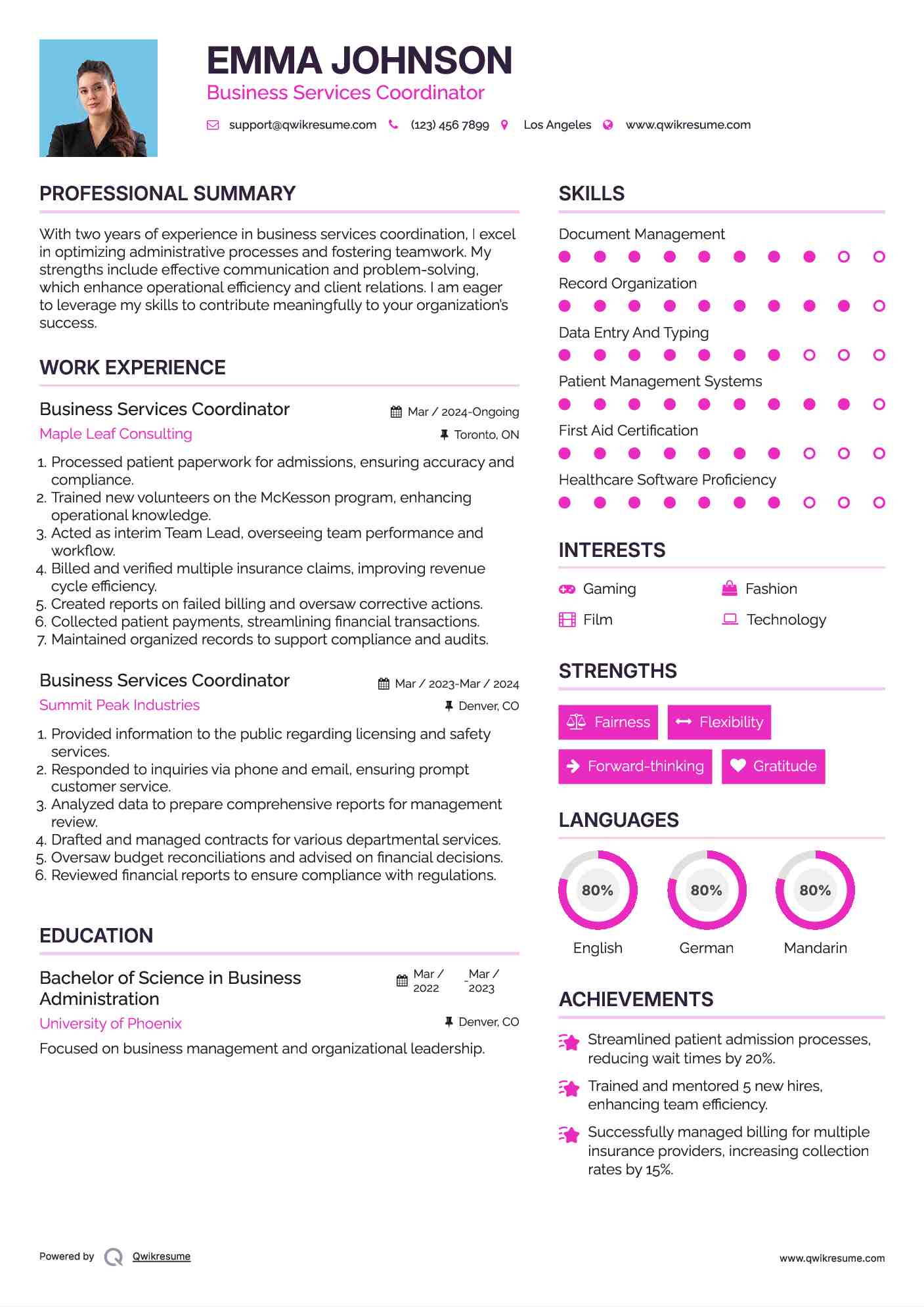 Business Services Coordinator Resume Example