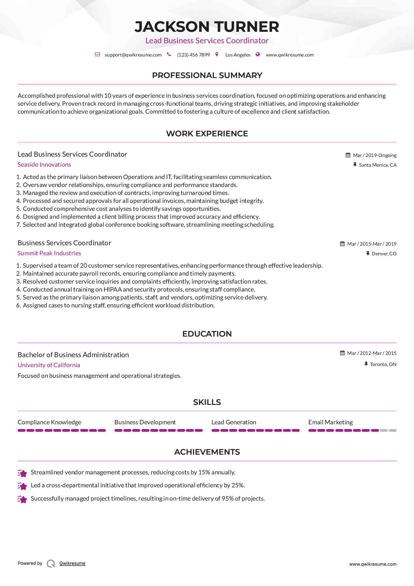 Lead Business Services Coordinator  Resume Format