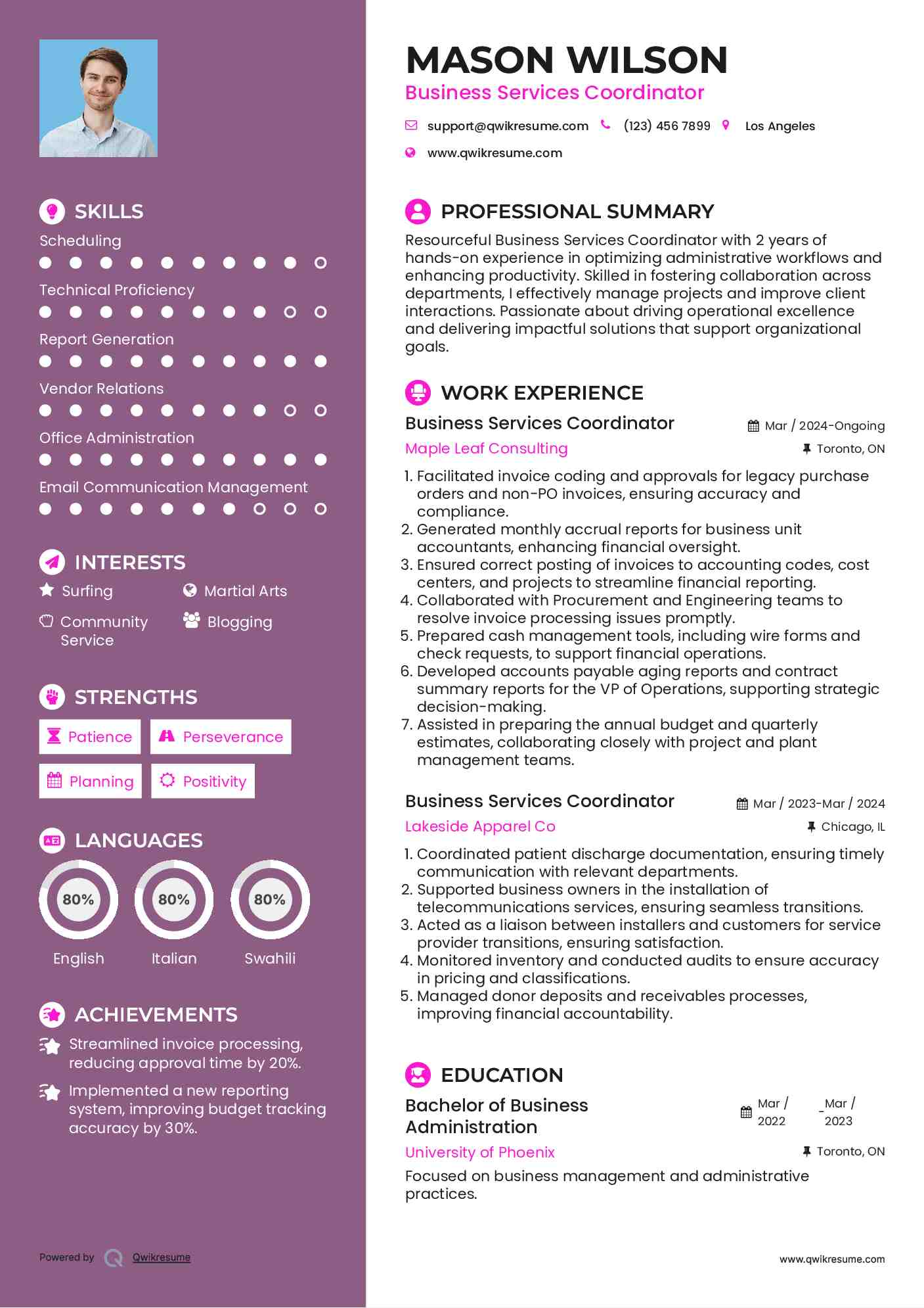 Business Services Coordinator Resume Model