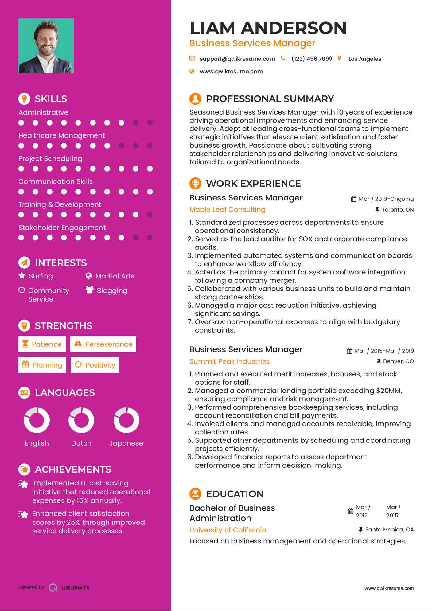 Business Services Manager Resume Template