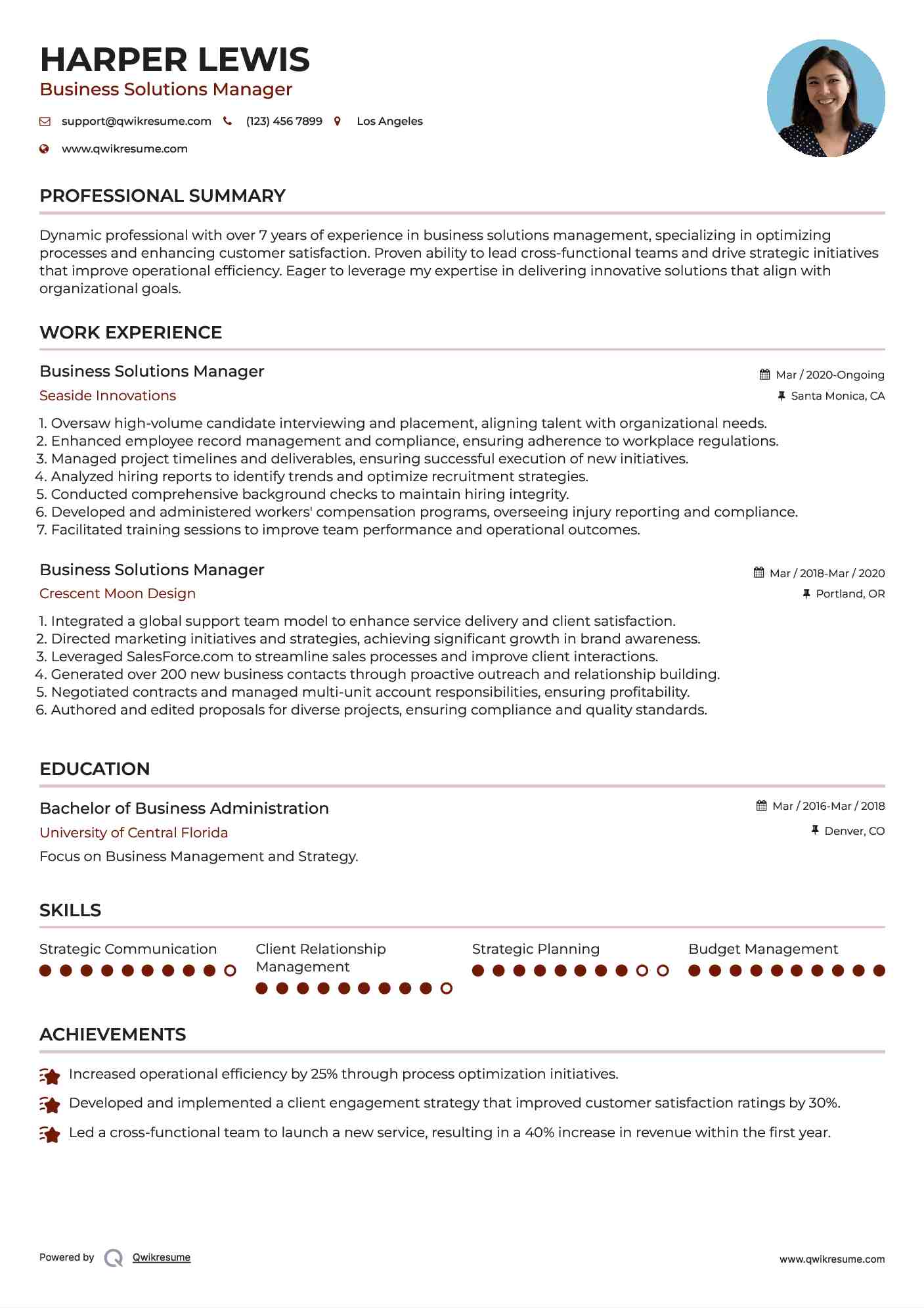 Business Solutions Manager Resume Sample