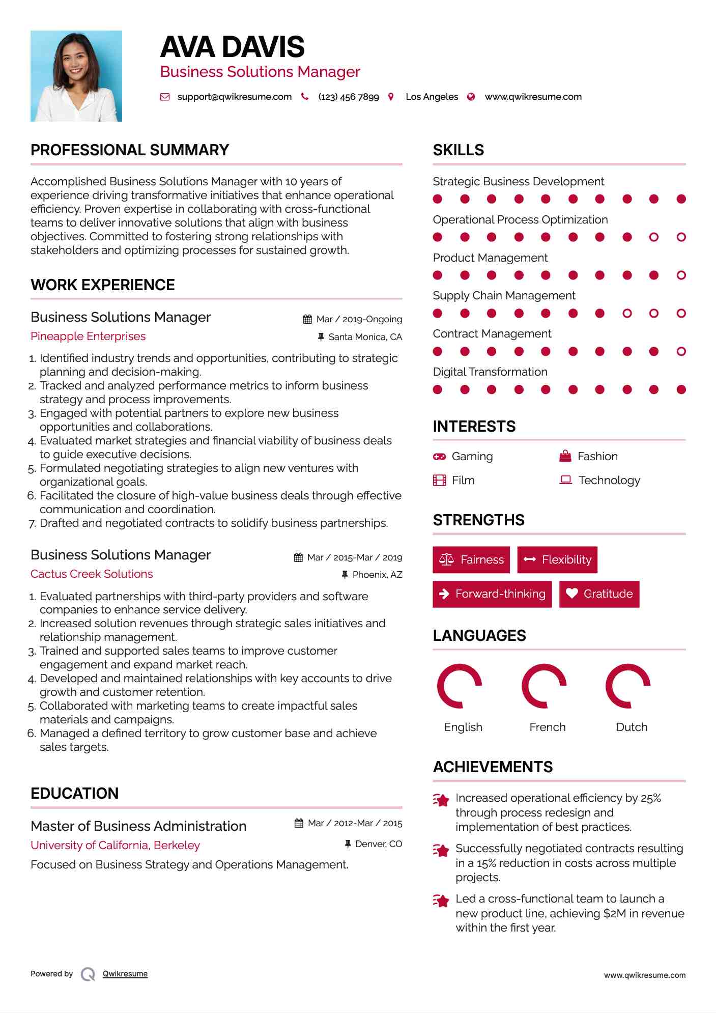 Business Solutions Manager Resume Sample