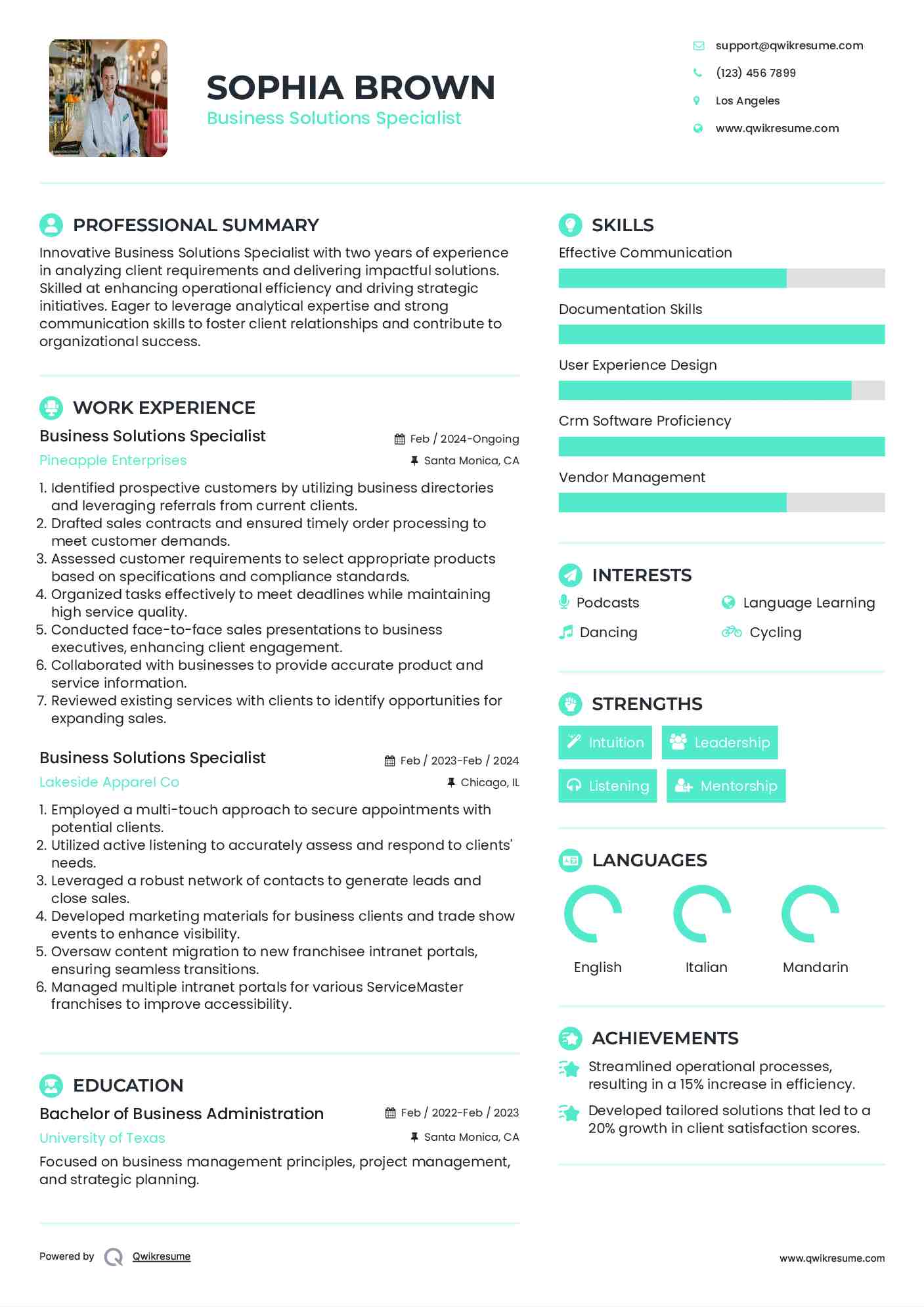 Business Solutions Specialist Resume Template