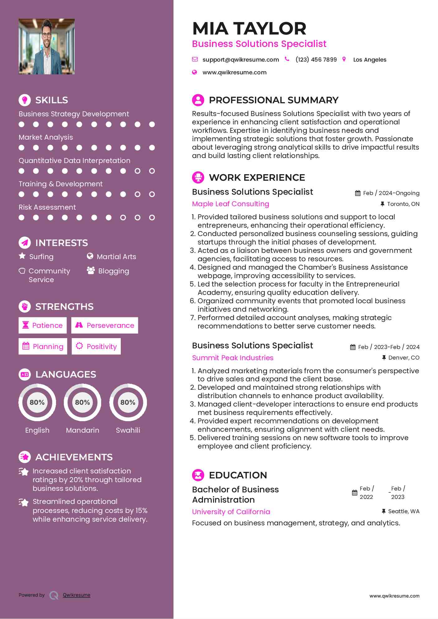 Business Solutions Specialist Resume Template