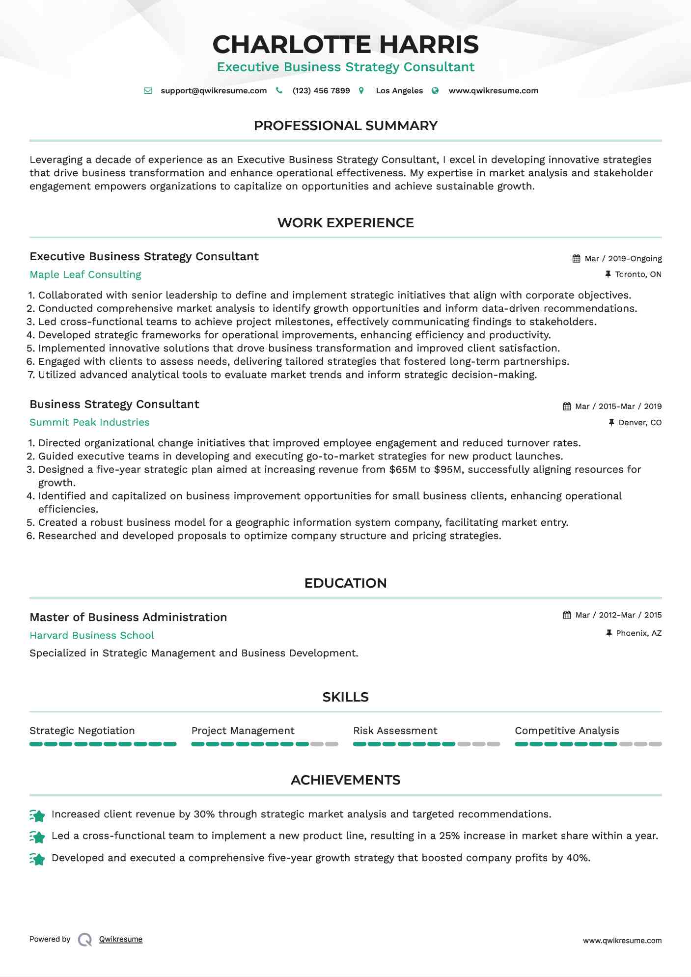 Executive Business Strategy Consultant Resume Model