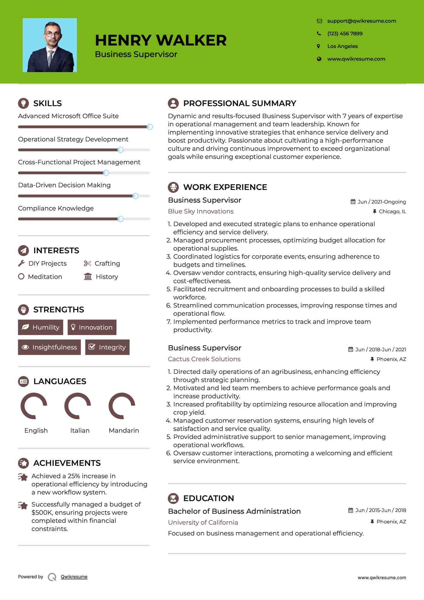 Business Supervisor Resume Template