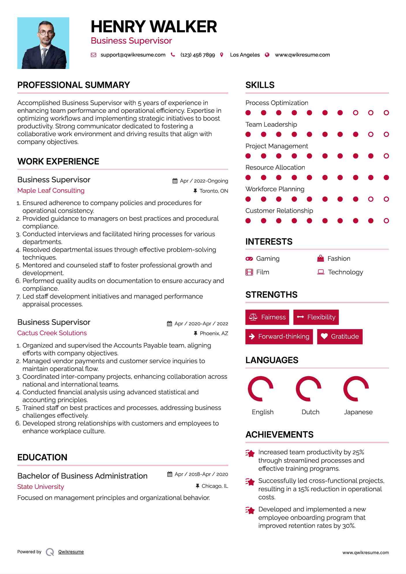 Business Supervisor Resume Format