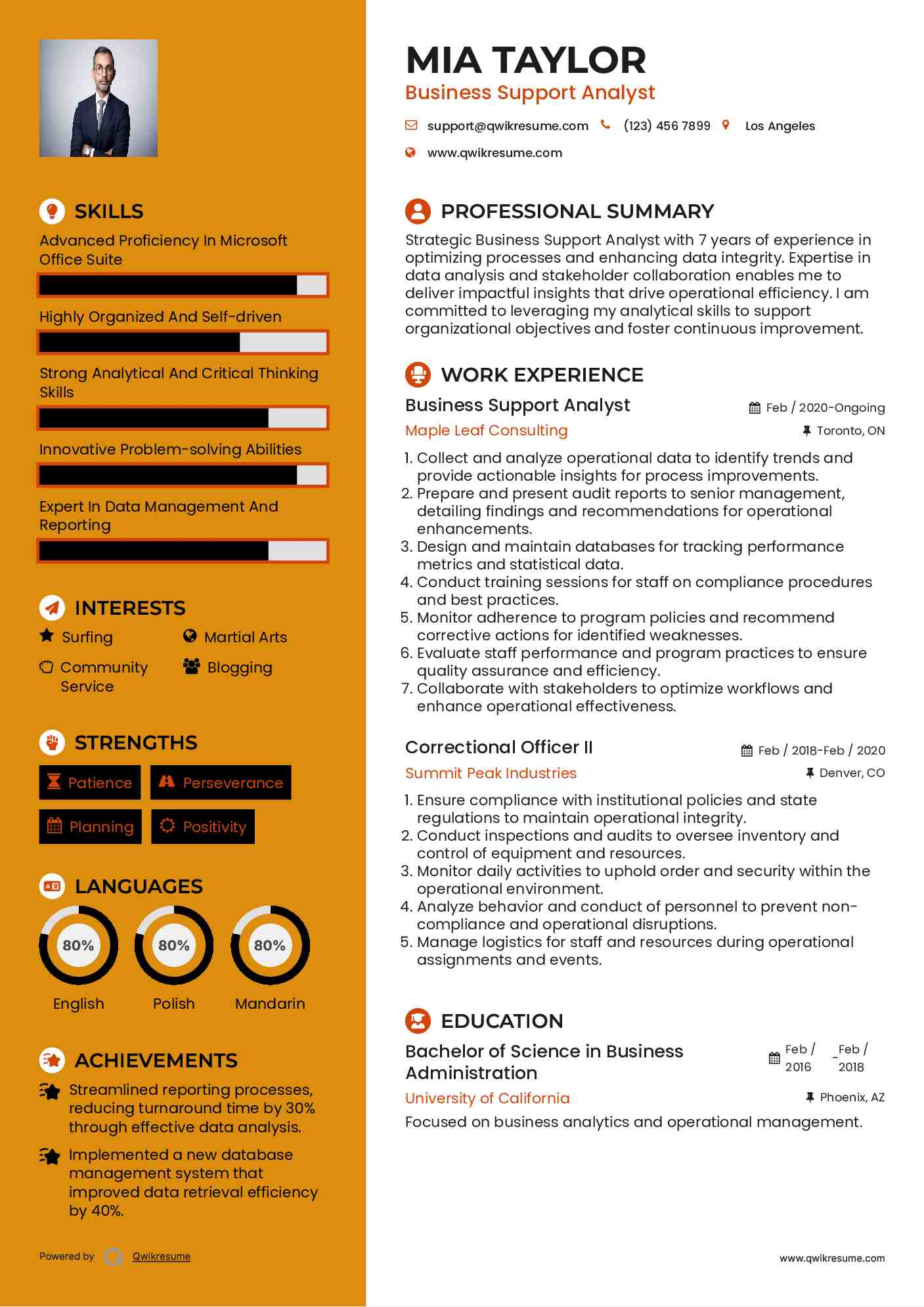 Business Support Analyst Resume Template