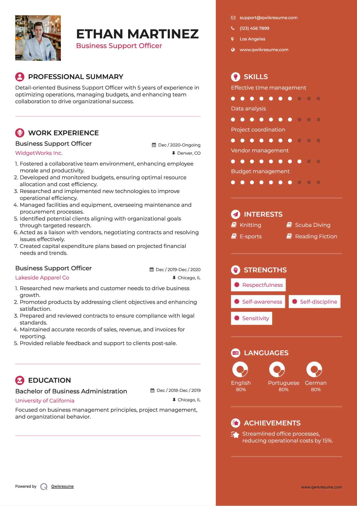 Business Support Officer Resume Format