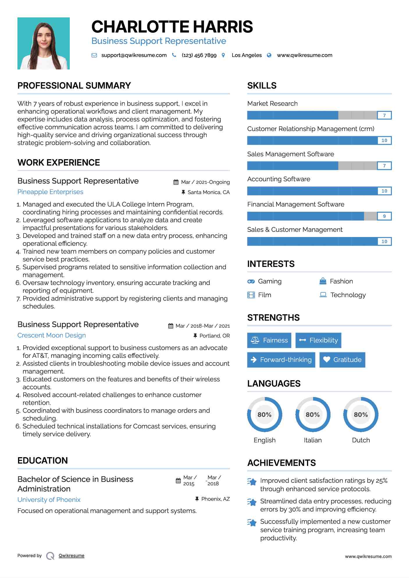 Business Support Representative Resume Example