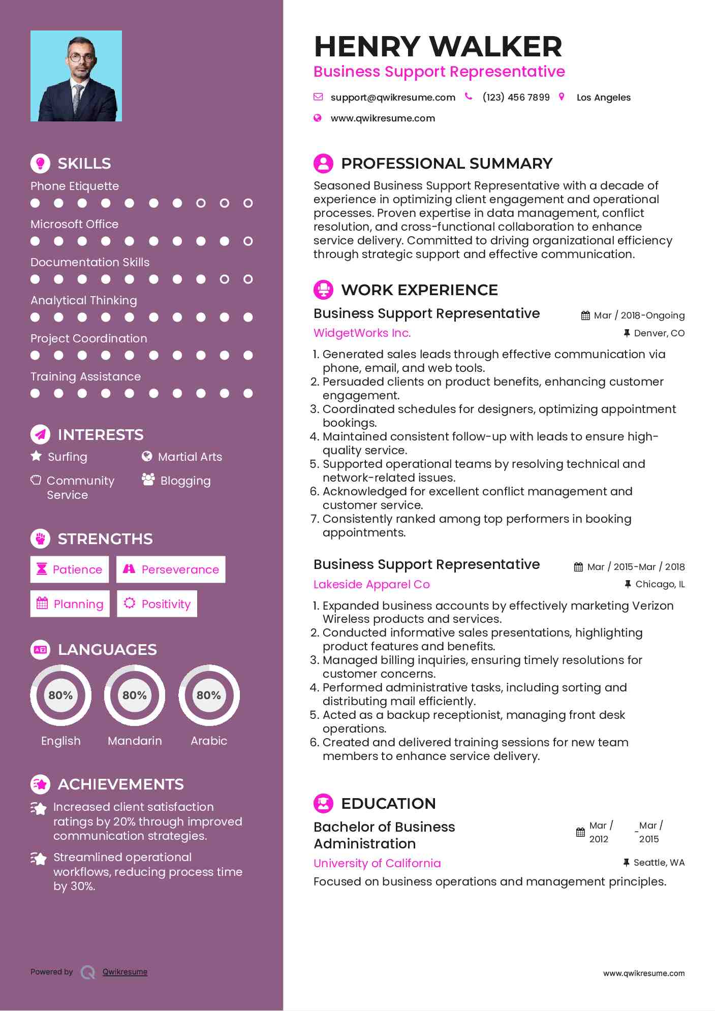 Business Support Representative Resume Format