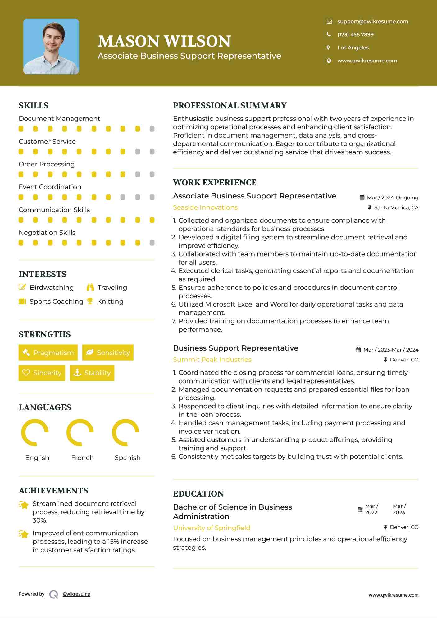 Associate Business Support Representative Resume Sample