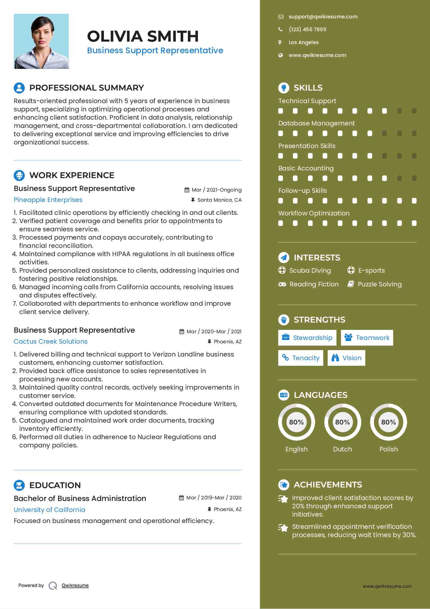 Business Support Representative Resume Template