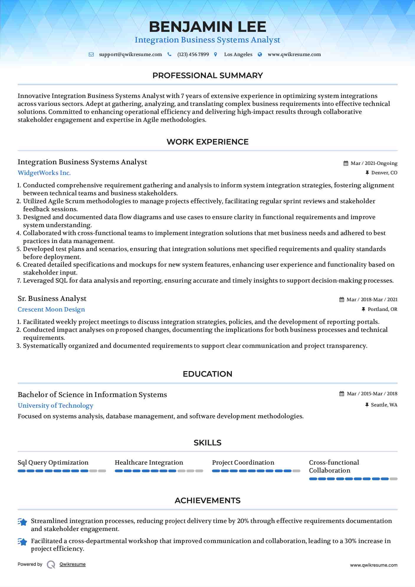 Integration Business Systems Analyst Resume Example