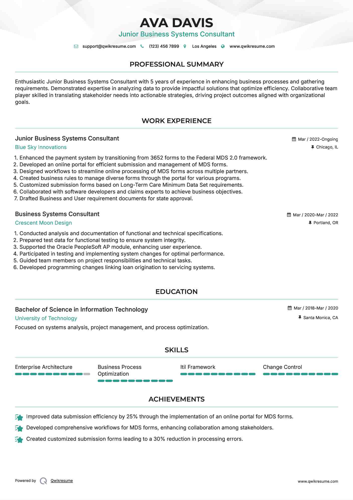 Junior Business Systems Consultant  Resume Template