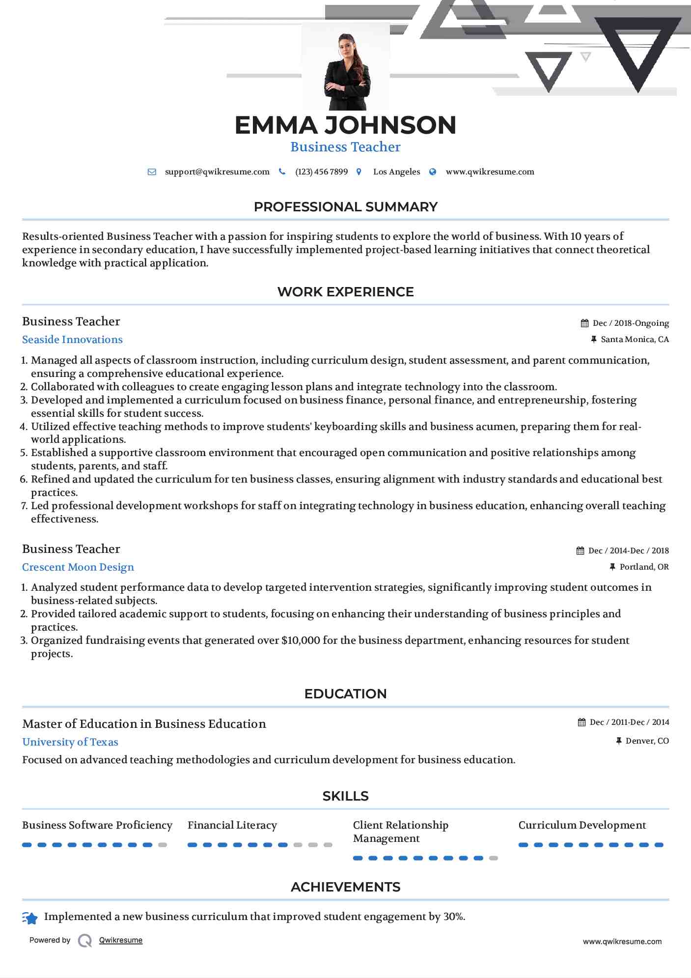 Business Teacher Resume Format