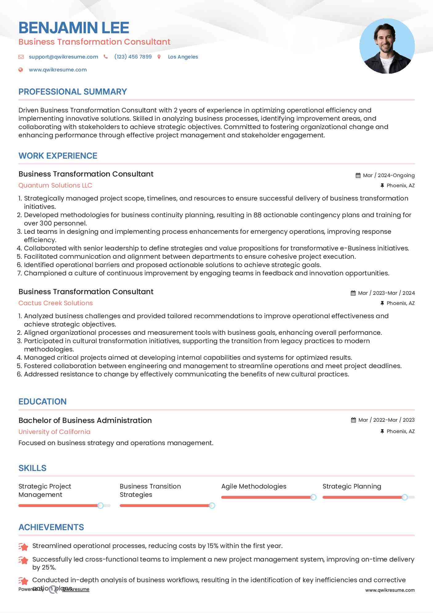 Business Transformation Consultant Resume Model