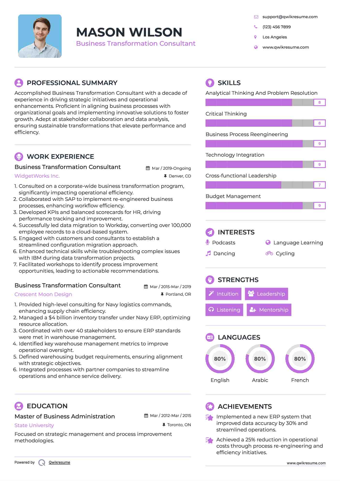 Business Transformation Consultant Resume Sample