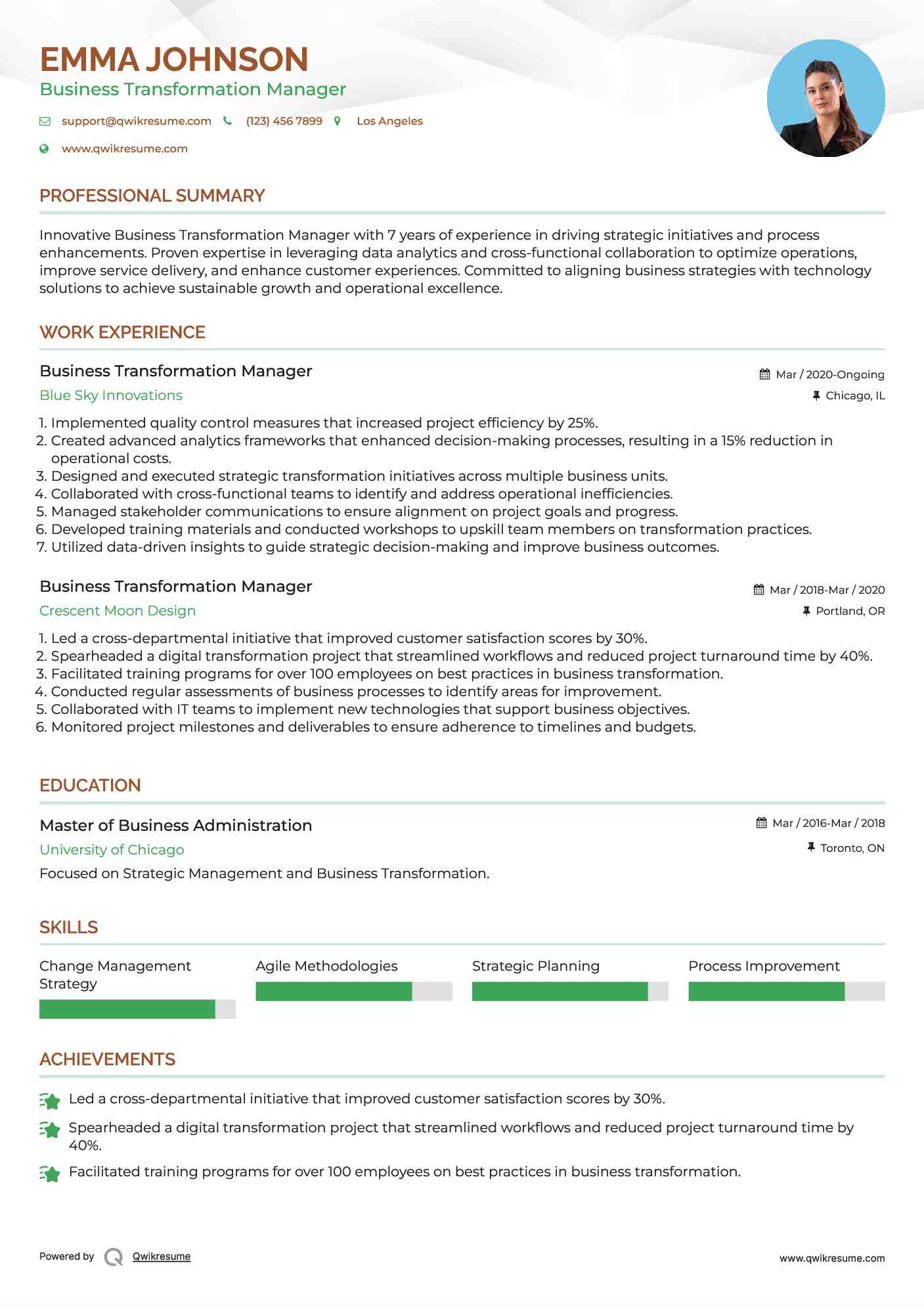 Business Transformation Manager Resume Sample