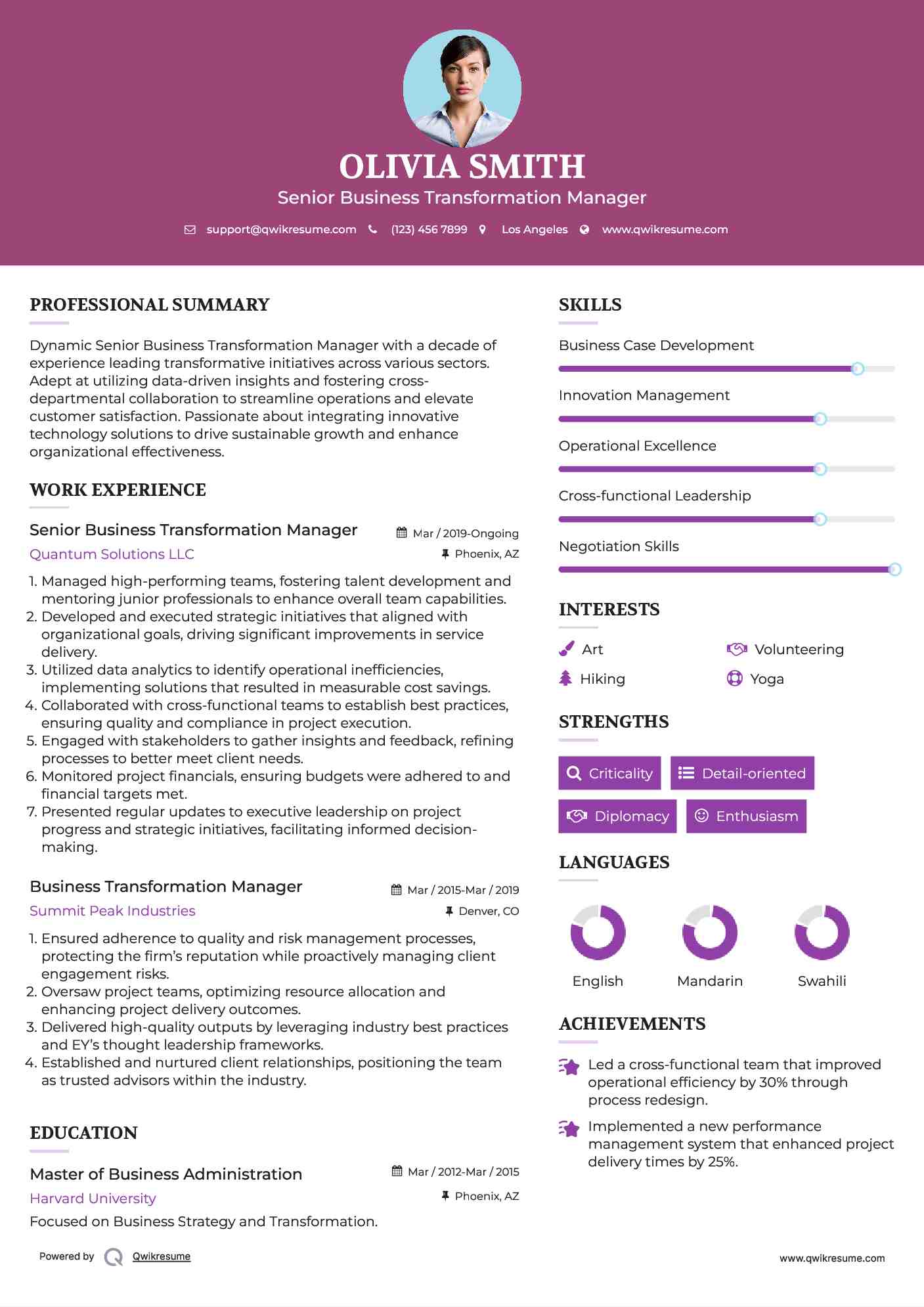 Senior Business Transformation Manager Resume Example