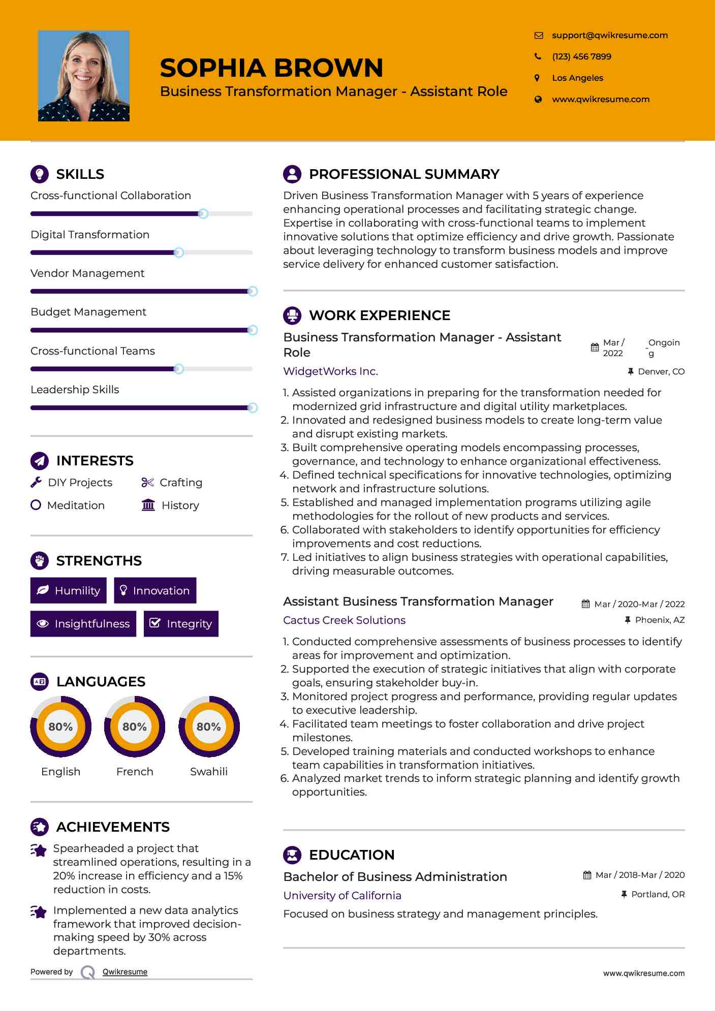 Business Transformation Manager - Assistant Role Resume Format