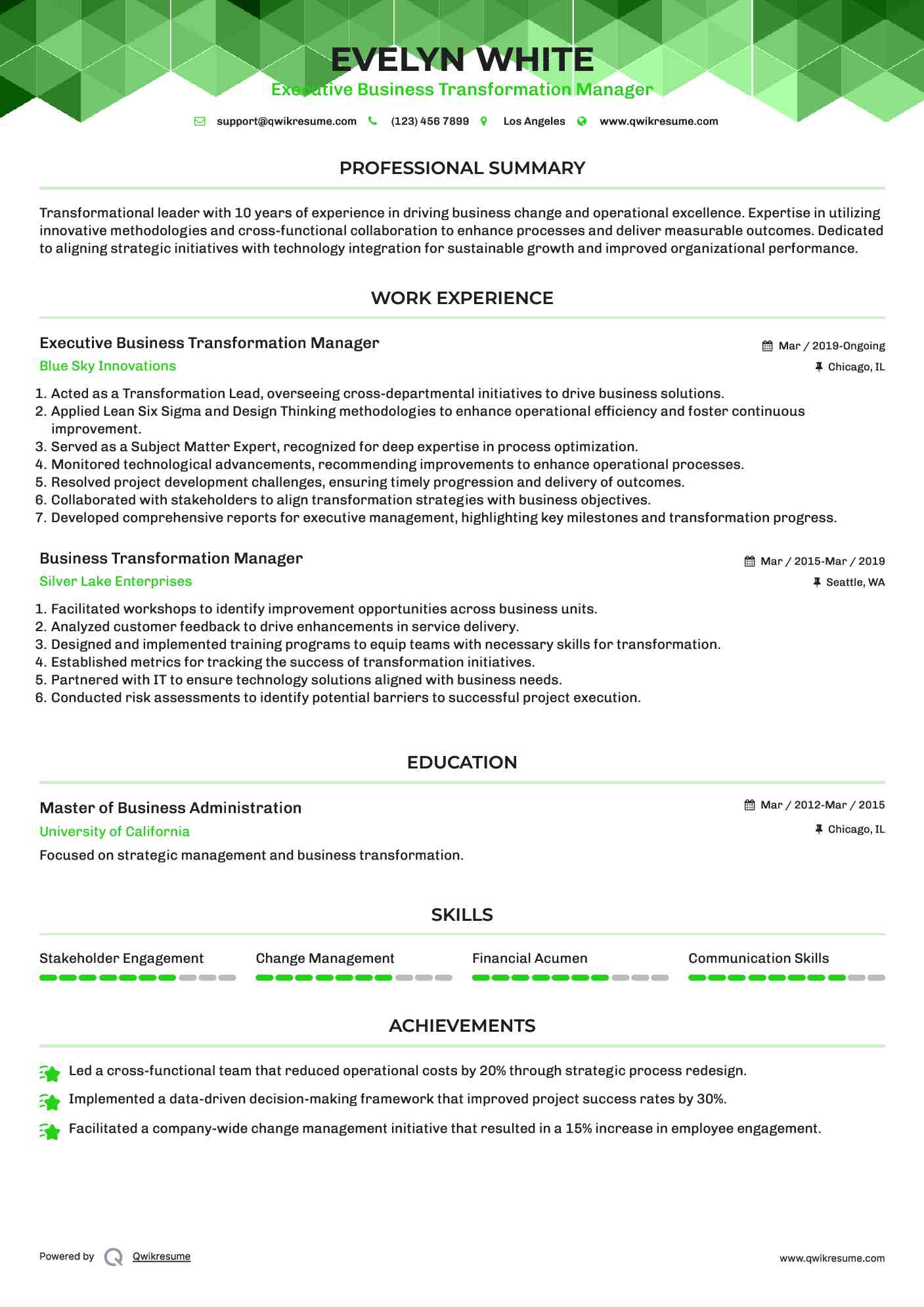 Executive Business Transformation Manager Resume Template