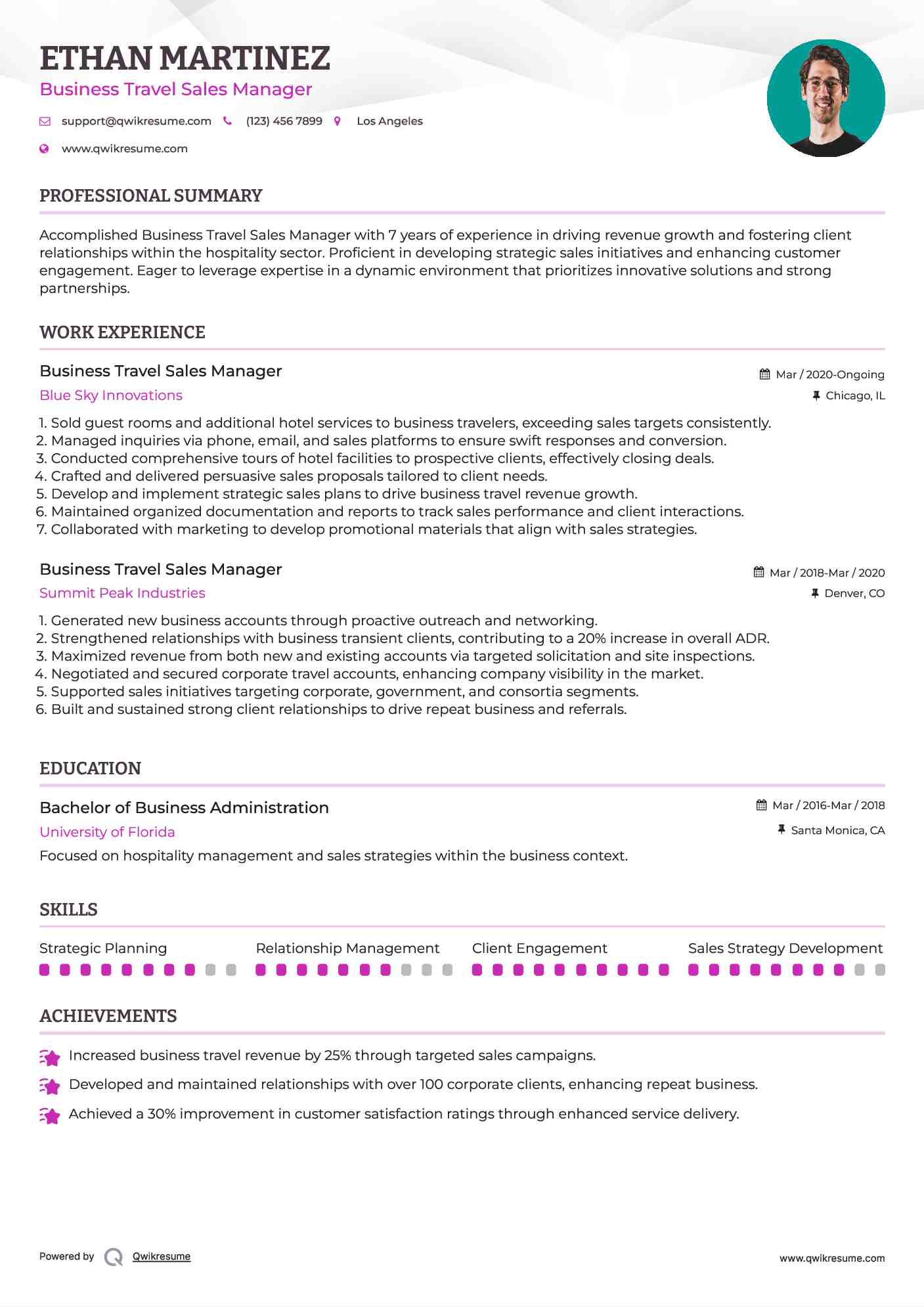 Business Travel Sales Manager Resume Example