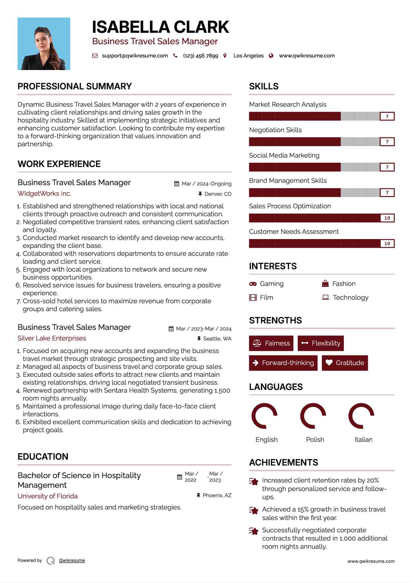 Business Travel Sales Manager Resume Template