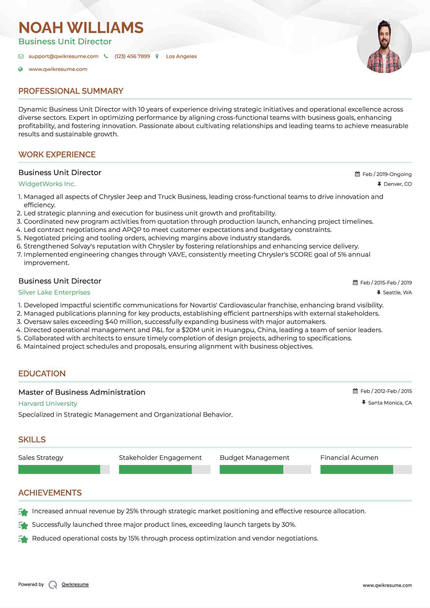 Business Unit Director Resume Model