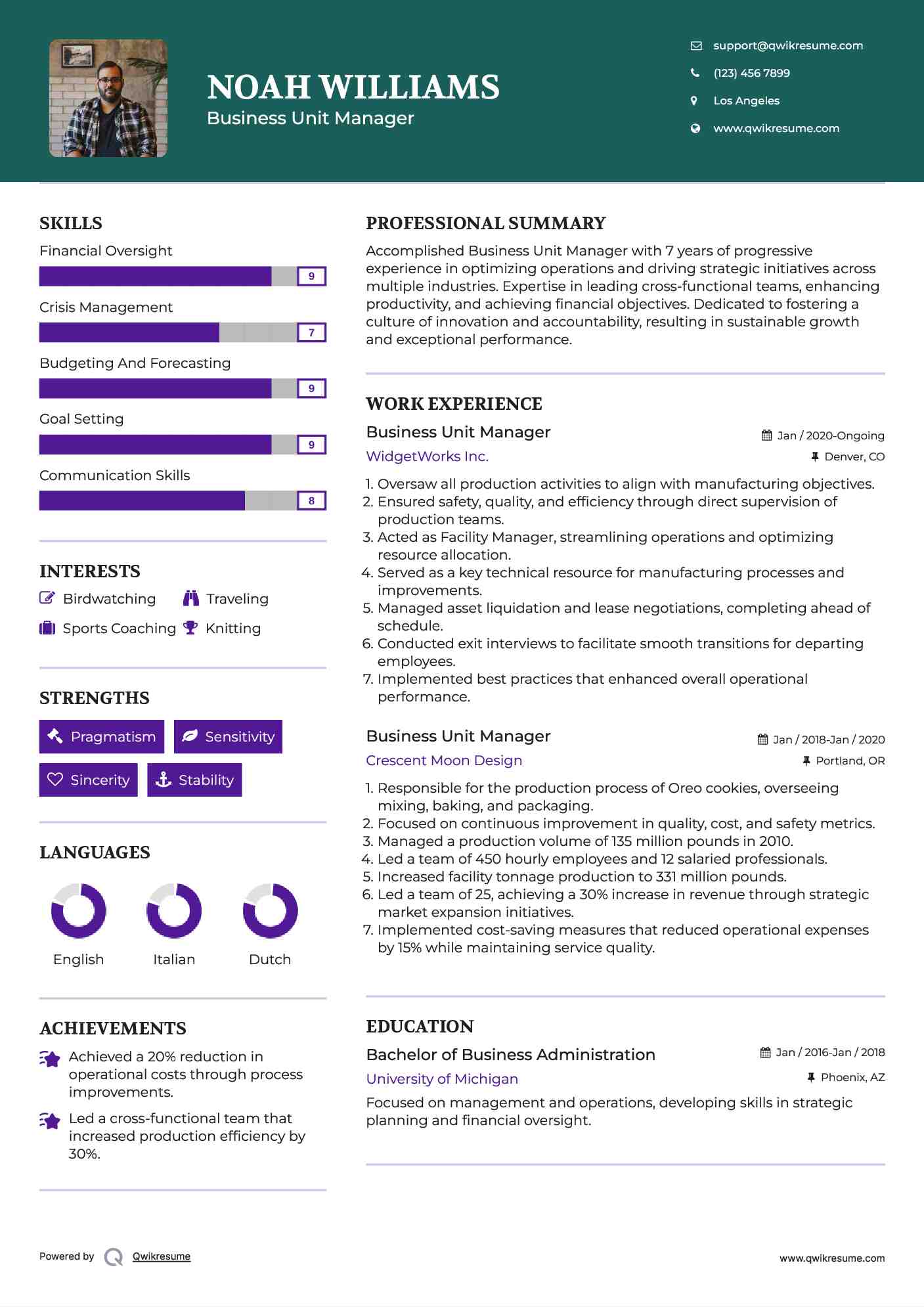 Business Unit Manager Resume Example