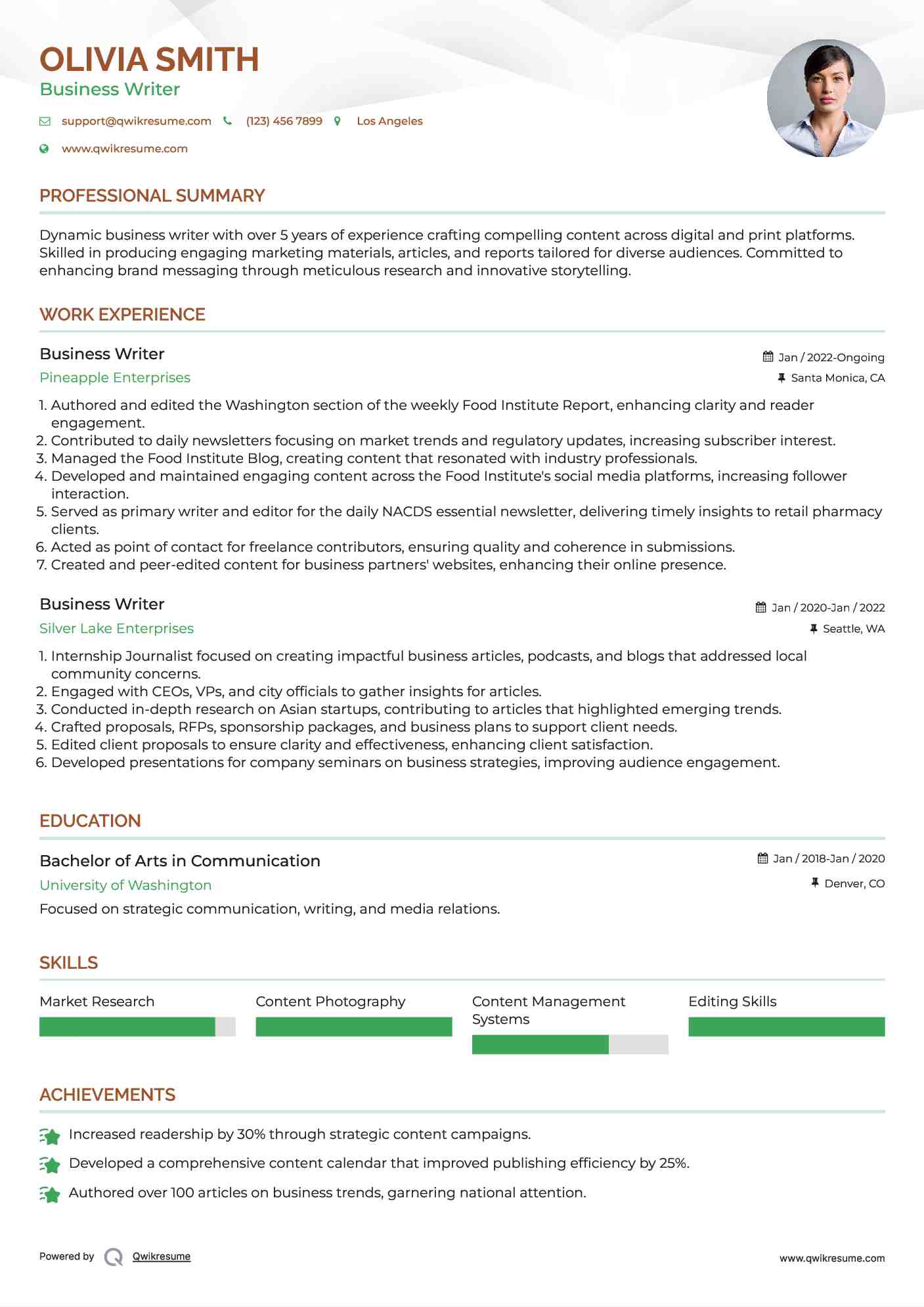 Business Writer Resume Sample