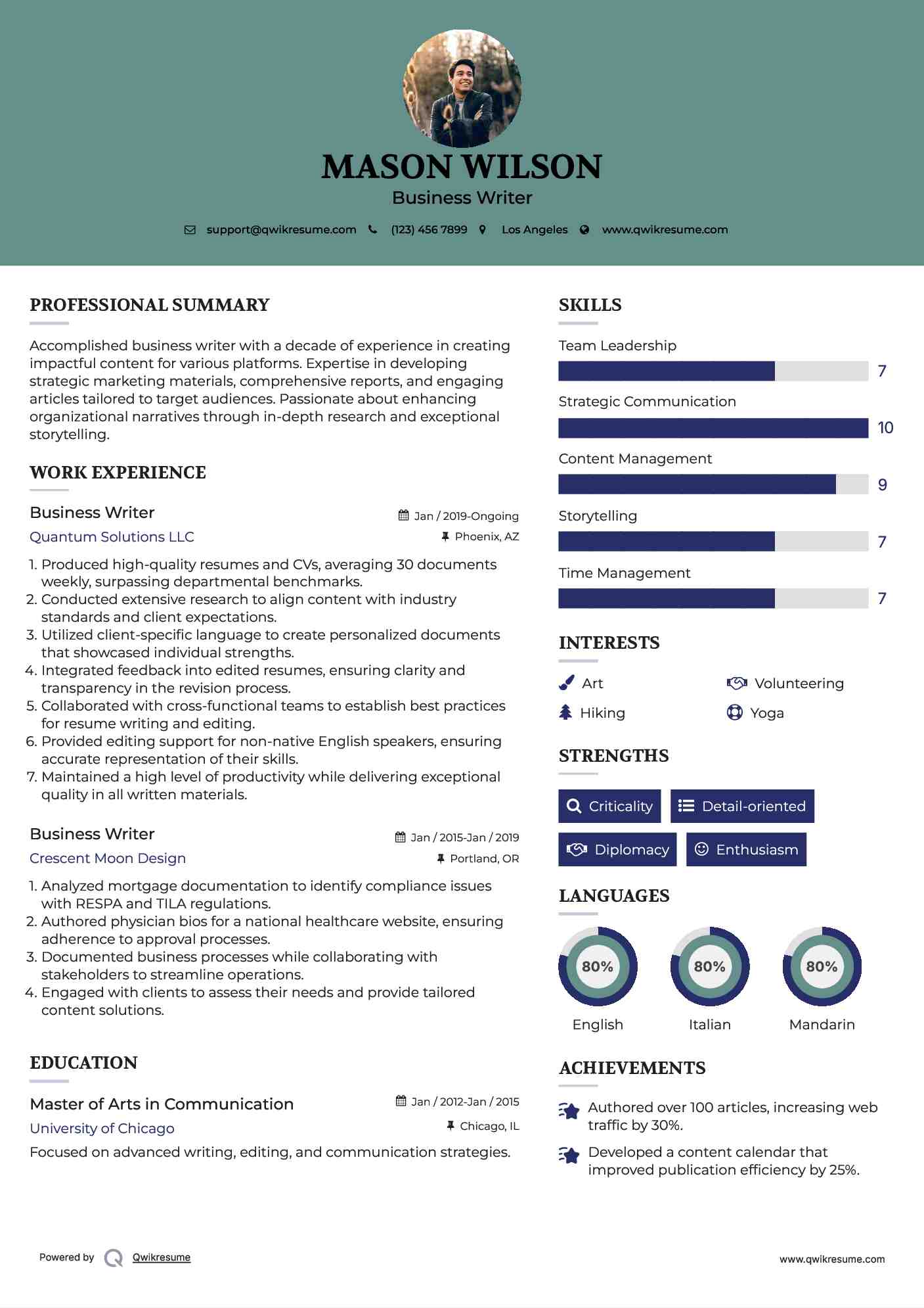Business Writer Resume Sample