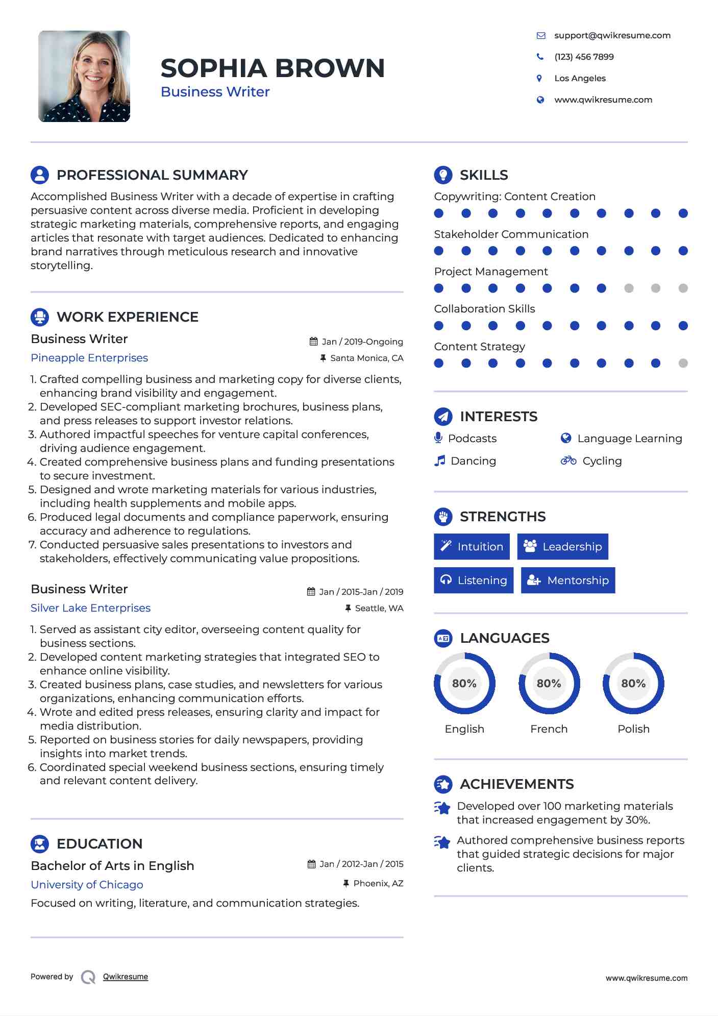 Business Writer Resume Sample