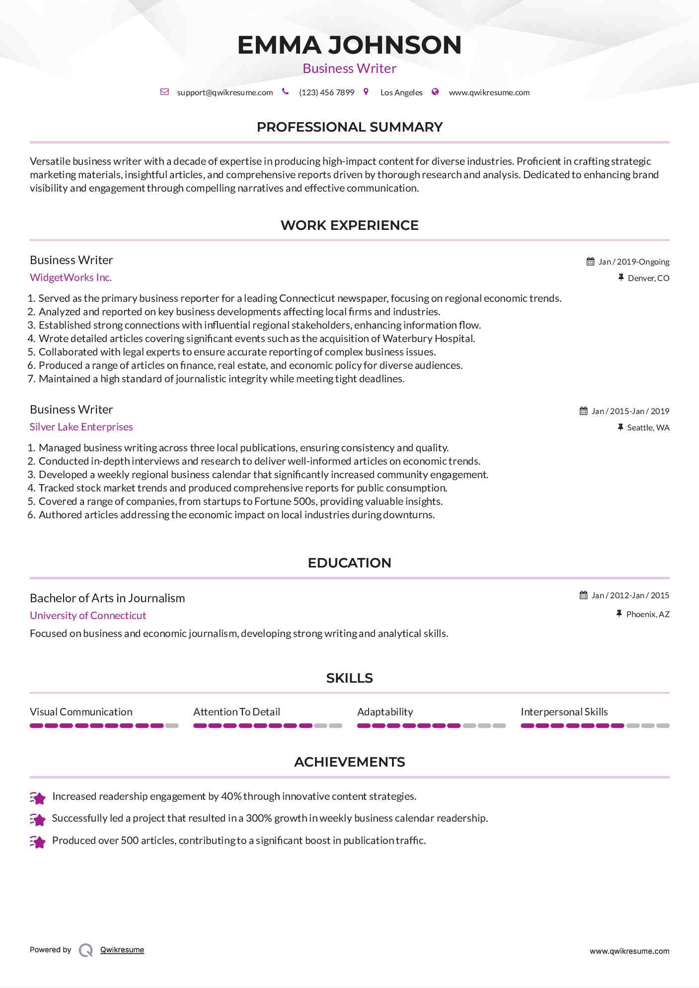 Business Writer Resume Format