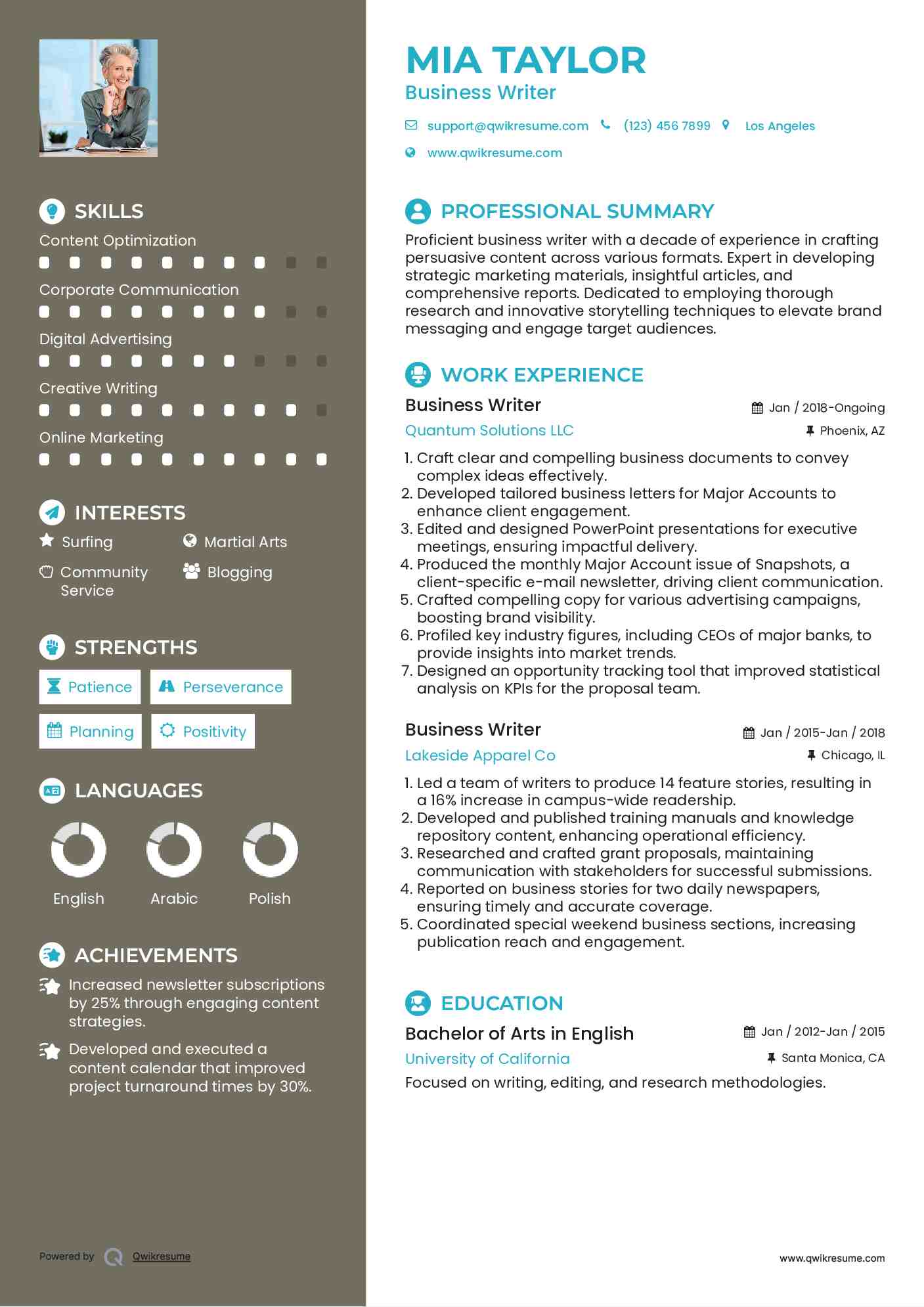 Business Writer Resume Model