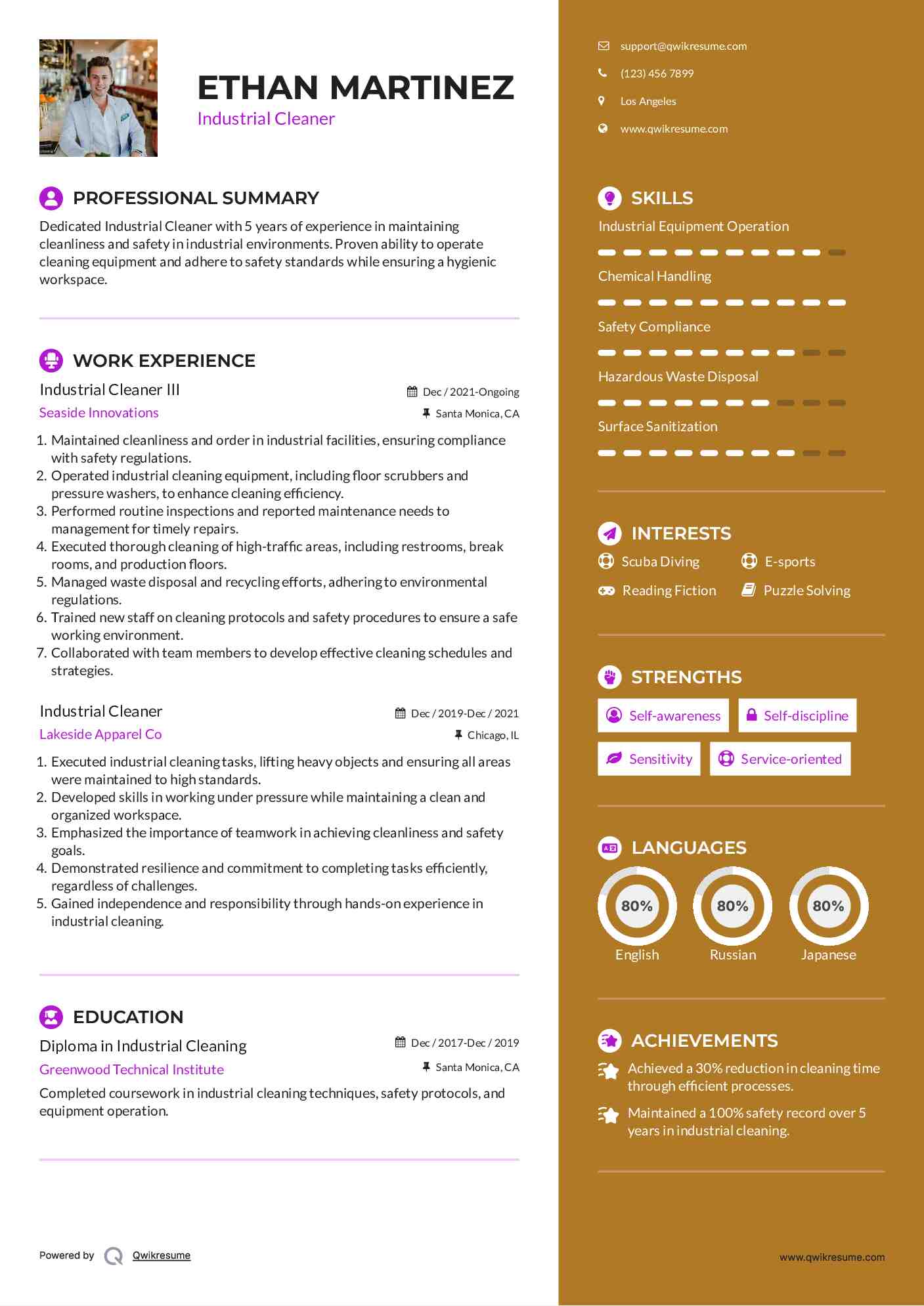 Industrial Cleaner III Resume Example