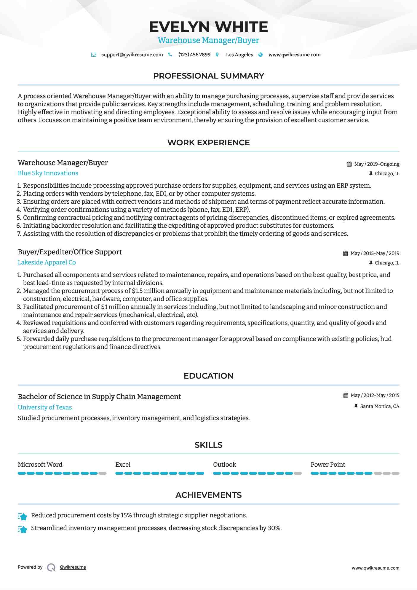 Warehouse Manager/Buyer Resume Sample