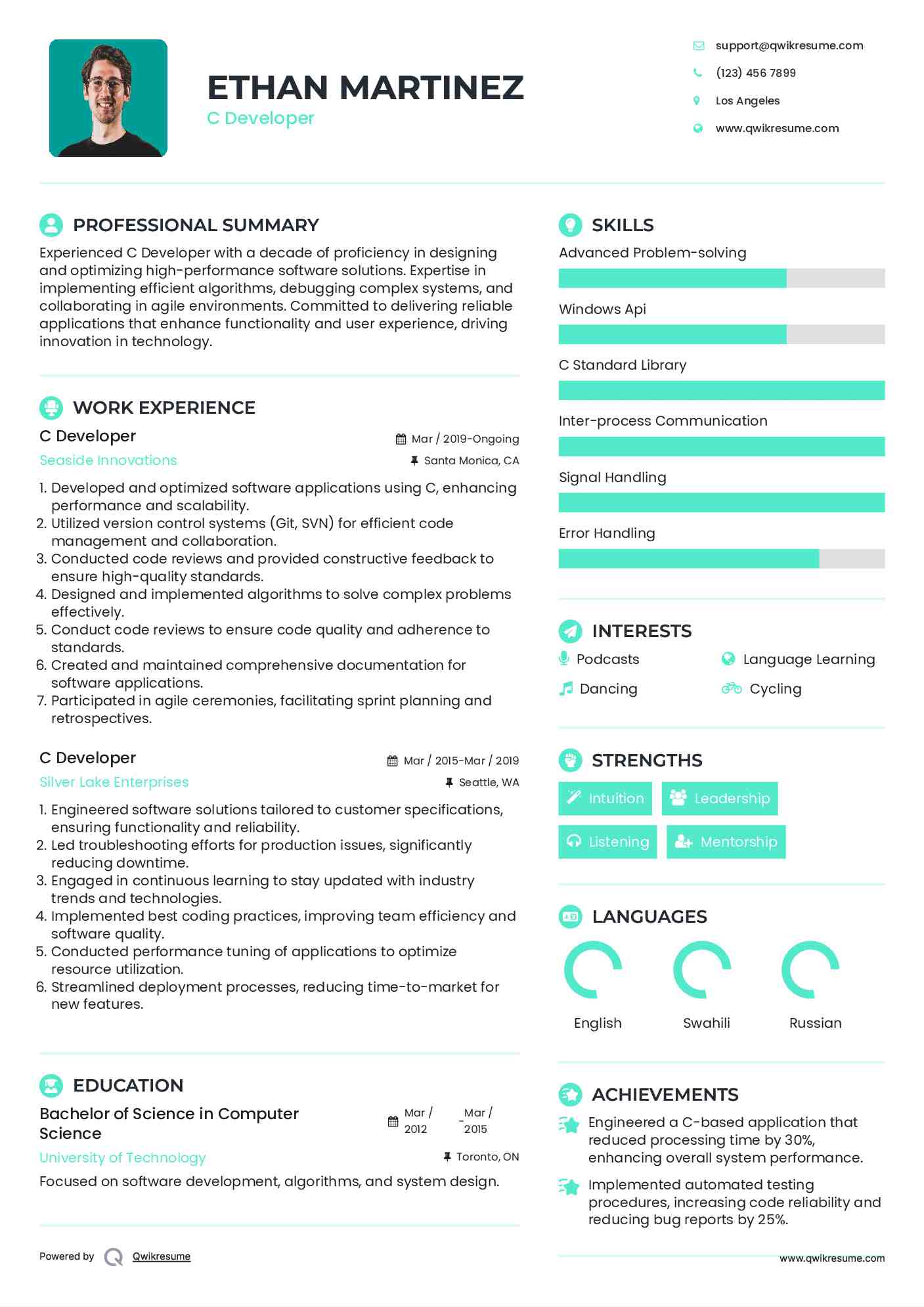 C Developer Resume Format