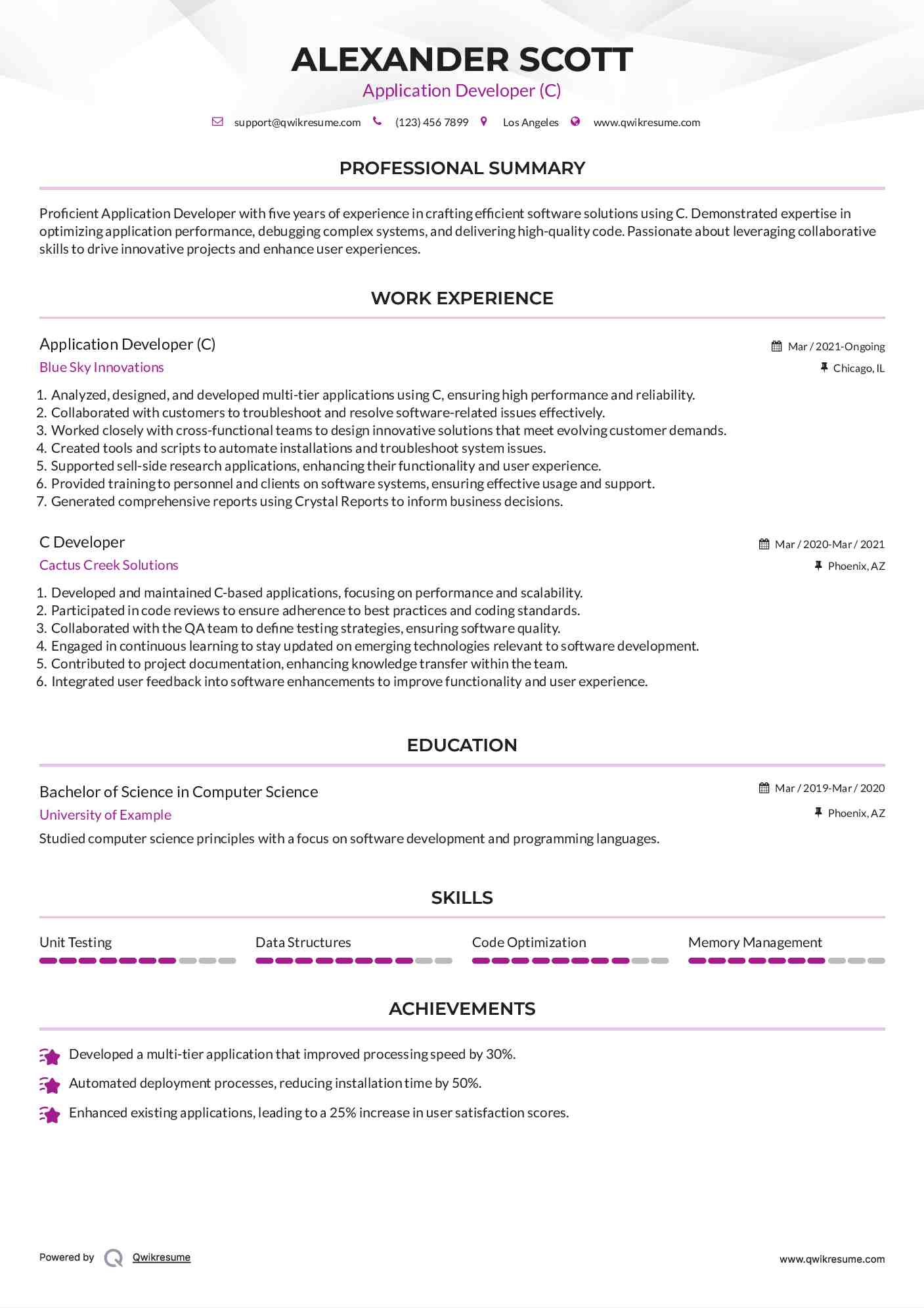 Application Developer (C) Resume Template