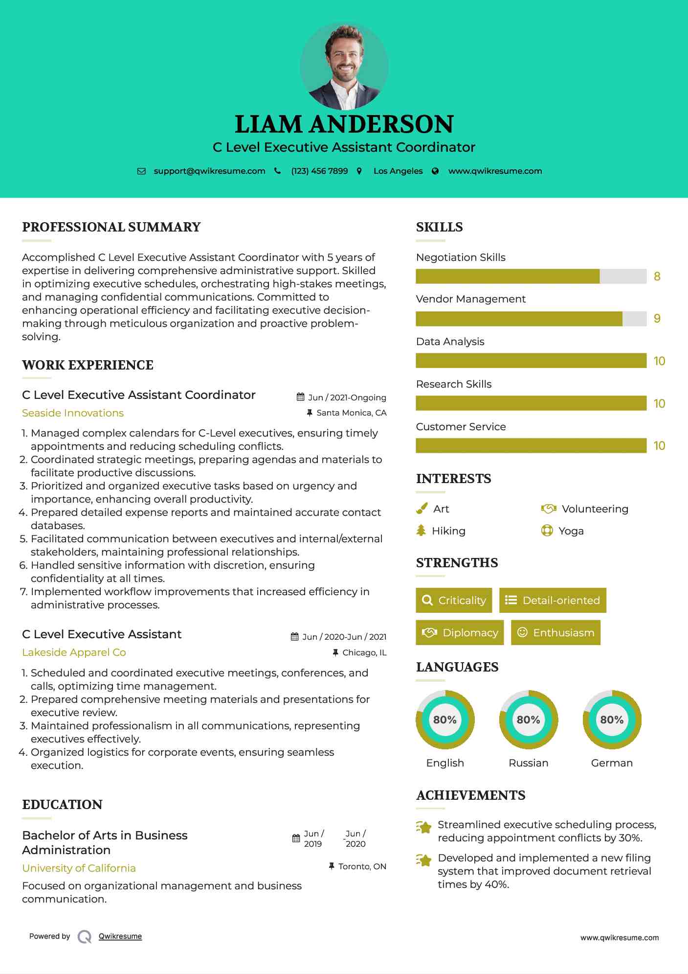 C Level Executive Assistant Coordinator Resume Example