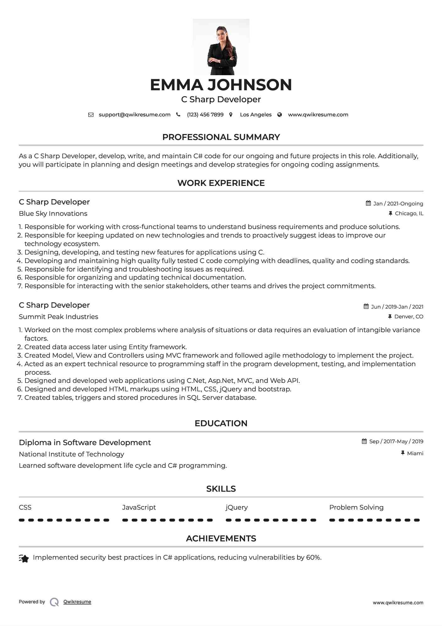 C Sharp Developer Resume Template