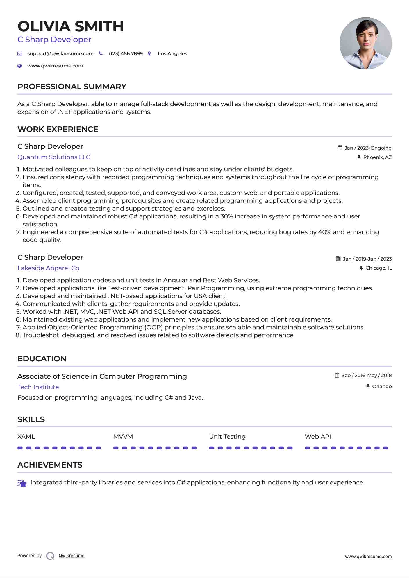 C Sharp Developer Resume Samples | QwikResume