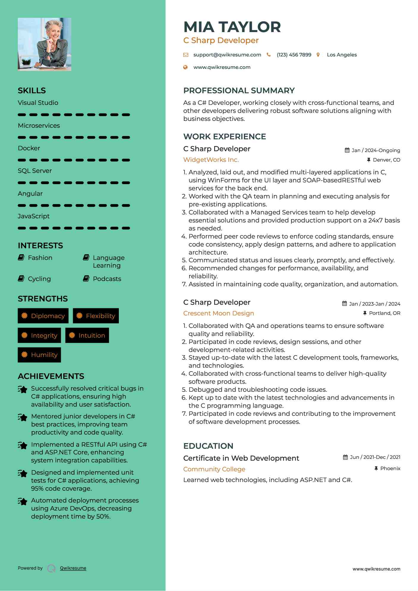 C Sharp Developer Resume Model